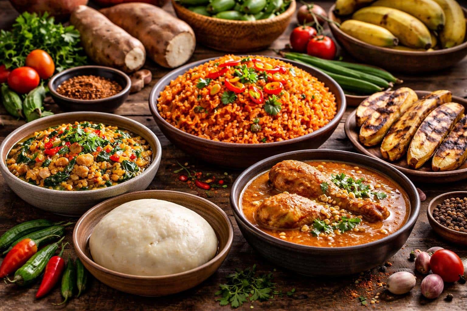 Mesa com pratos tradicionais de comidas de origem africana, incluindo arroz jollof, fufu, quiabo e banana-da-terra grelhada, com ingredientes frescos ao redor.