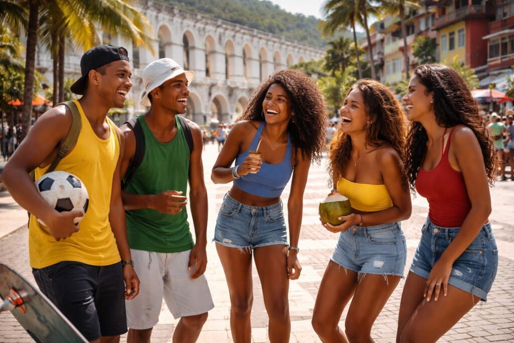Grupo de jovens cariocas conversando e rindo em uma rua ensolarada do Rio de Janeiro com prédios coloridos e palmeiras ao fundo.