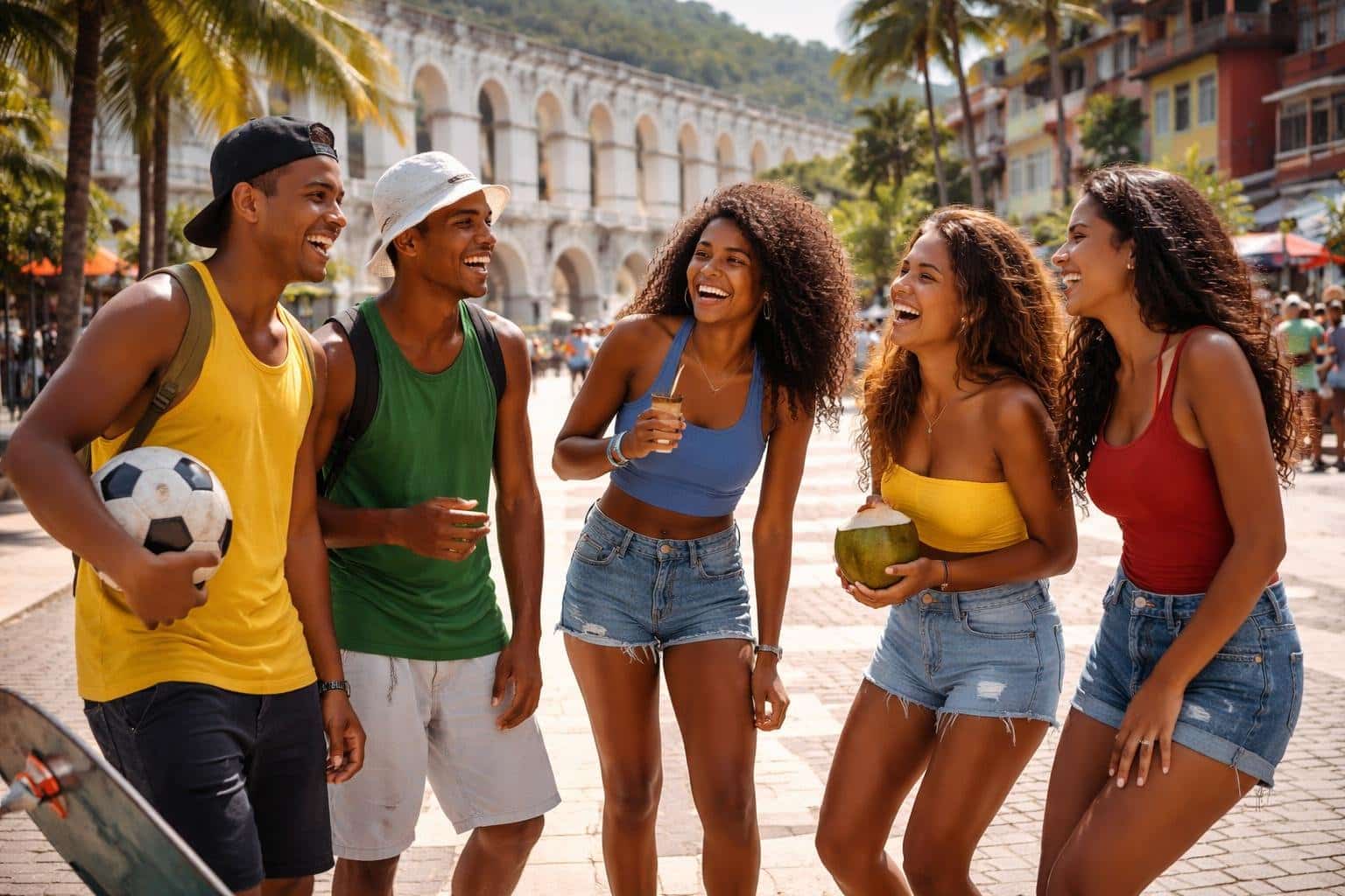 Grupo de jovens cariocas conversando e rindo em uma rua ensolarada do Rio de Janeiro com prédios coloridos e palmeiras ao fundo.