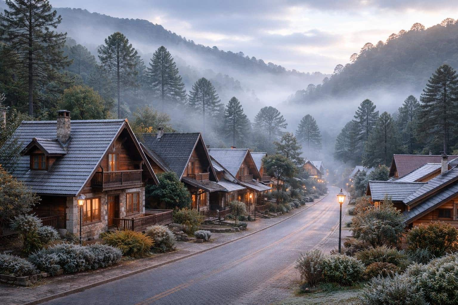 Vista de uma pequena cidade fria no Nordeste do Brasil, com casas tradicionais, árvores e neblina ao amanhecer.
