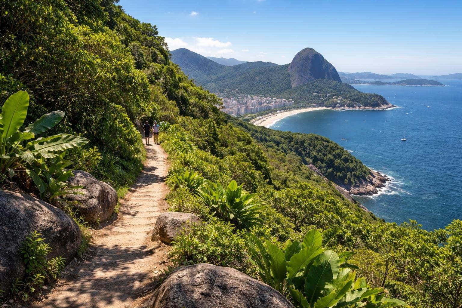 Trilha da Urca com vegetação verde, pedras, vista do mar e da cidade ao fundo.