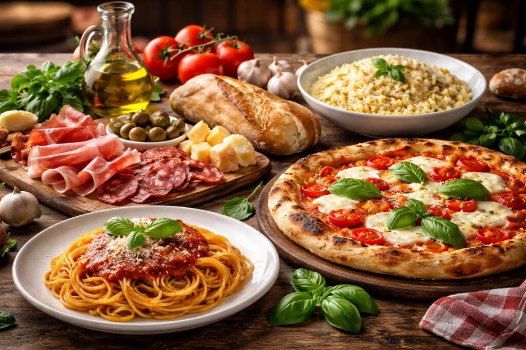 Mesa rústica com pratos típicos da Itália, incluindo espaguete ao molho de tomate, pizza, risoto, embutidos e queijos, acompanhados de ingredientes frescos como tomates, alho e manjericão.