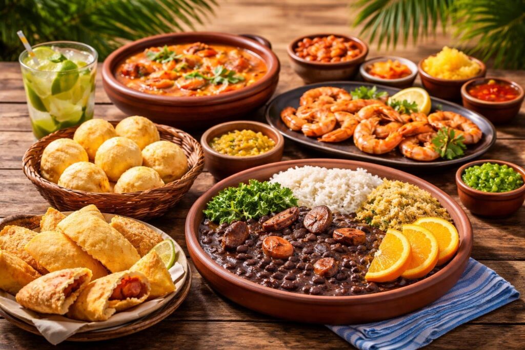 Mesa com pratos tradicionais da culinária do Rio de Janeiro, incluindo feijoada, pastel, moqueca, pão de queijo e uma caipirinha, decorada com folhas tropicais.