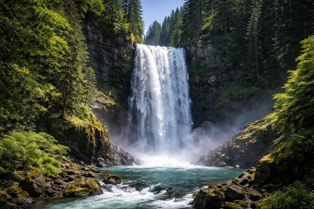 Cachoeira imponente caindo sobre rochas cercadas por vegetação verde e densa, com névoa formada pela água e céu azul ao fundo.