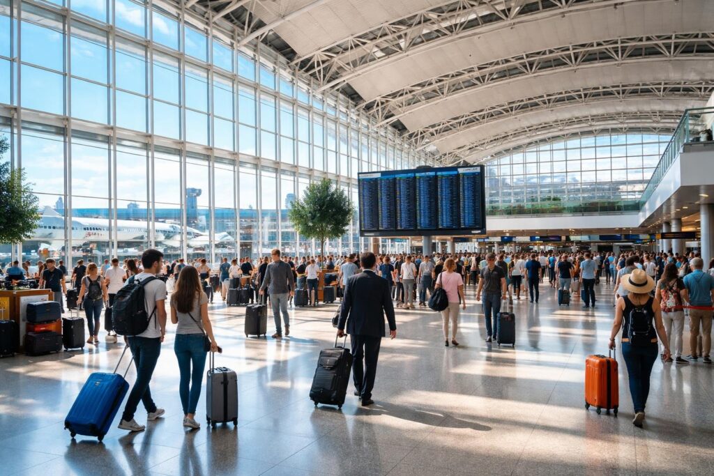 Terminal de aeroporto movimentado em Buenos Aires com passageiros caminhando e aviões ao fundo.