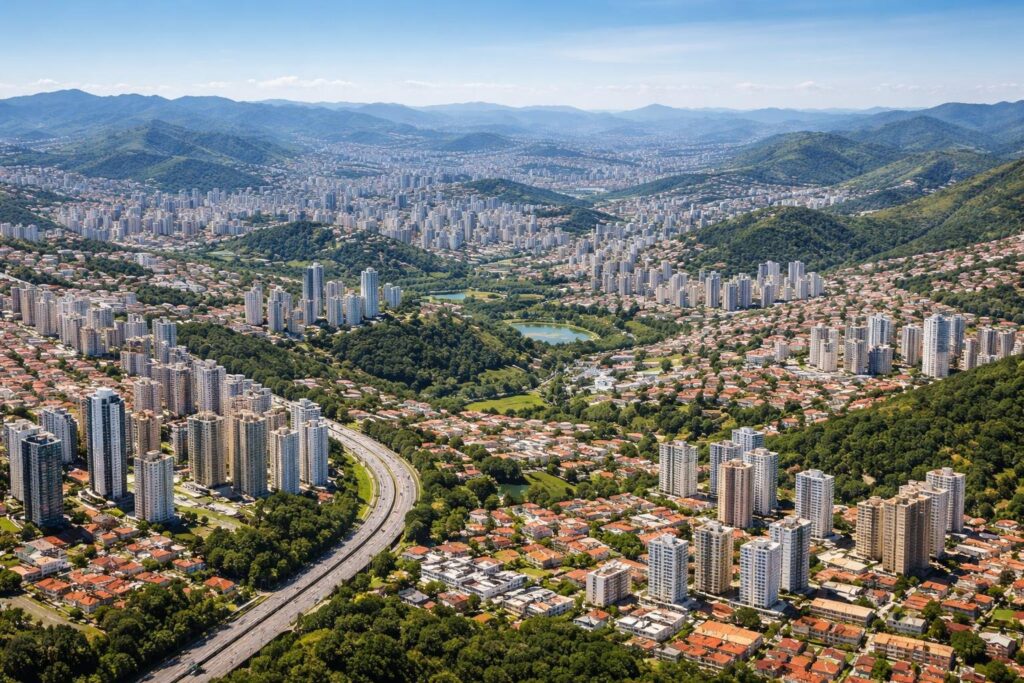 Vista panorâmica de várias cidades próximas a Belo Horizonte com prédios, áreas residenciais, colinas verdes e estradas conectando as cidades.