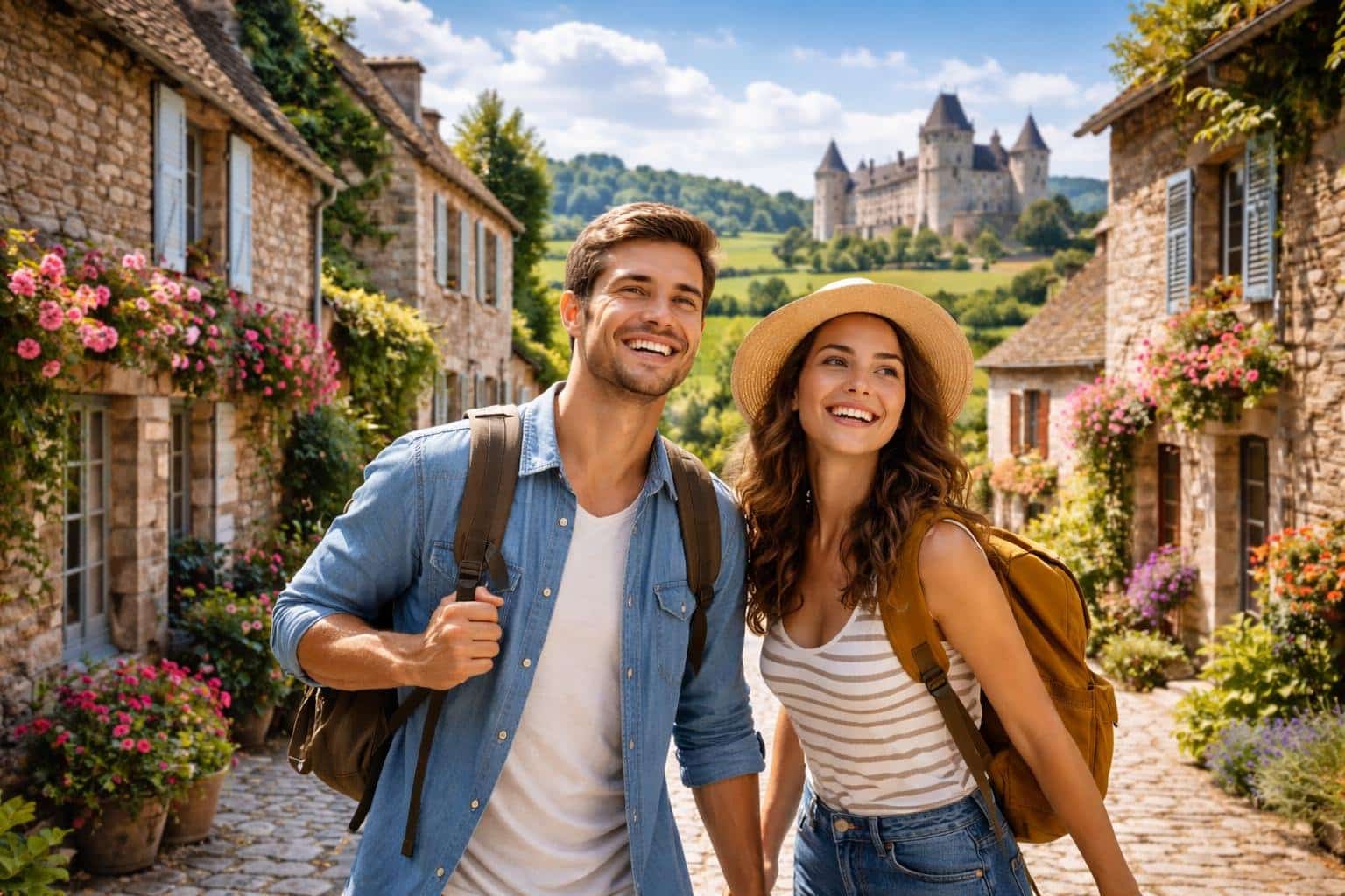 Casal jovem sorridente explorando uma vila francesa com casas de pedra, flores coloridas e um castelo ao fundo em um dia ensolarado.