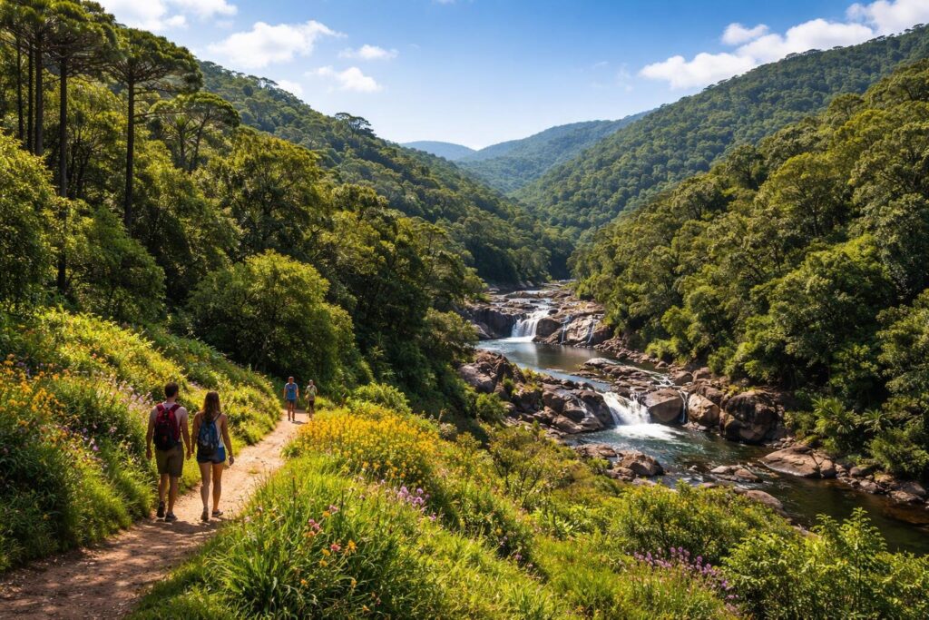 Paisagem natural com colinas verdes, floresta densa, rio e trilha para caminhada perto de Curitiba.