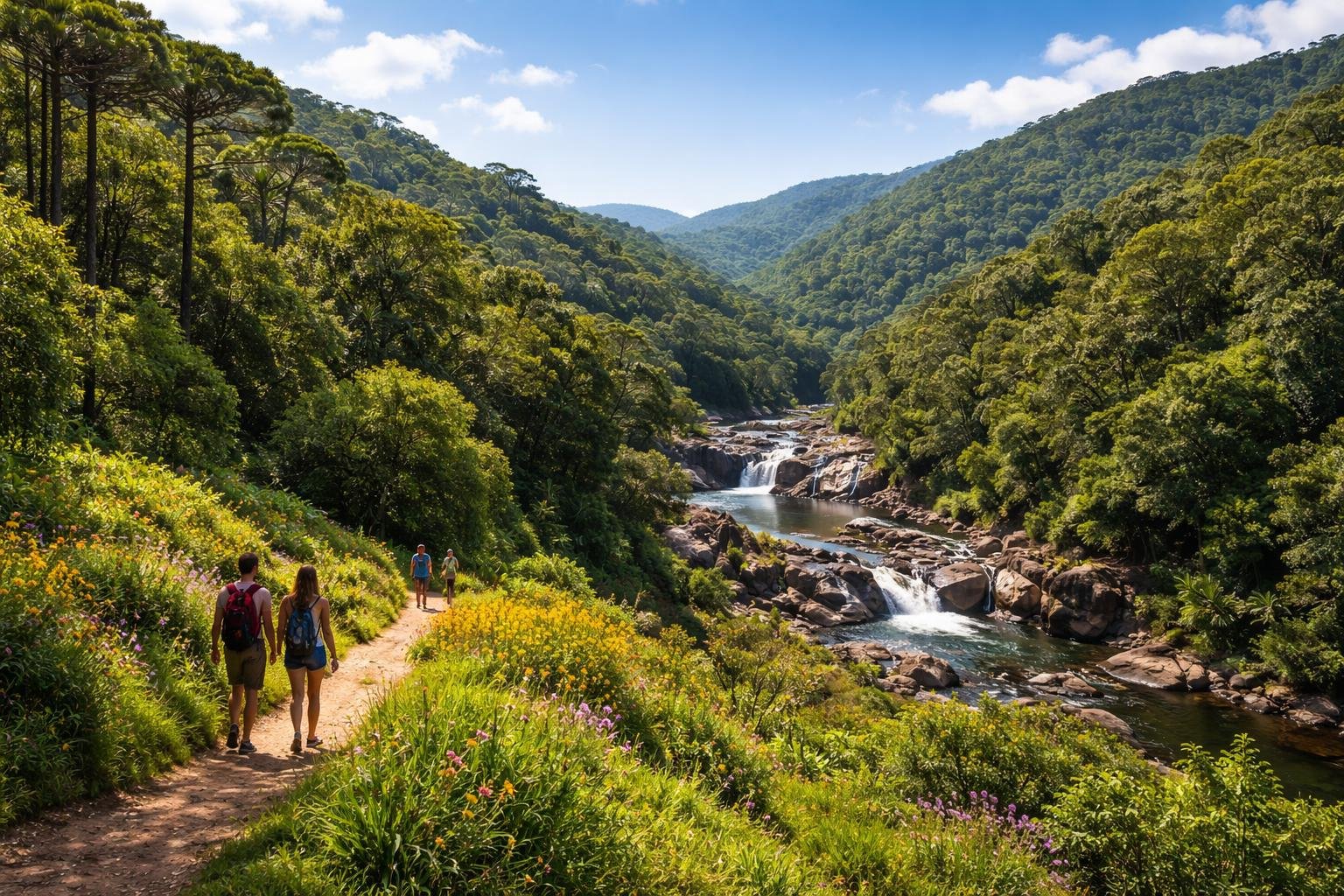 Paisagem natural com colinas verdes, floresta densa, rio e trilha para caminhada perto de Curitiba.