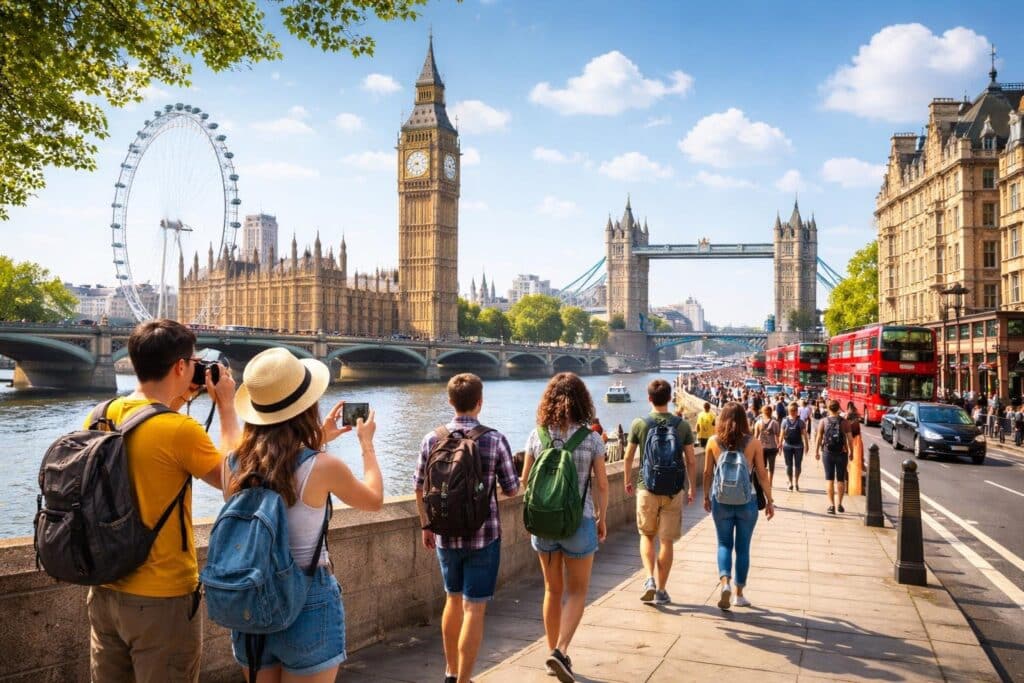 Turistas explorando pontos turísticos famosos de Londres, com o Big Ben, a London Eye e a Tower Bridge ao fundo em um dia ensolarado.