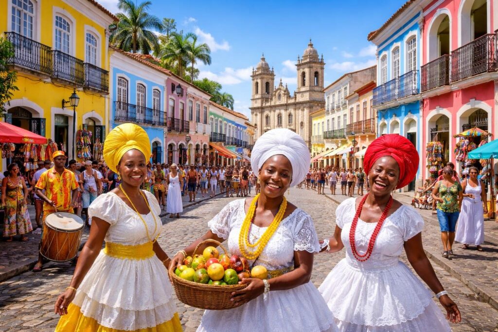 Rua colorida no Pelourinho em Salvador com pessoas vestindo roupas tradicionais e edifícios coloniais ao fundo.