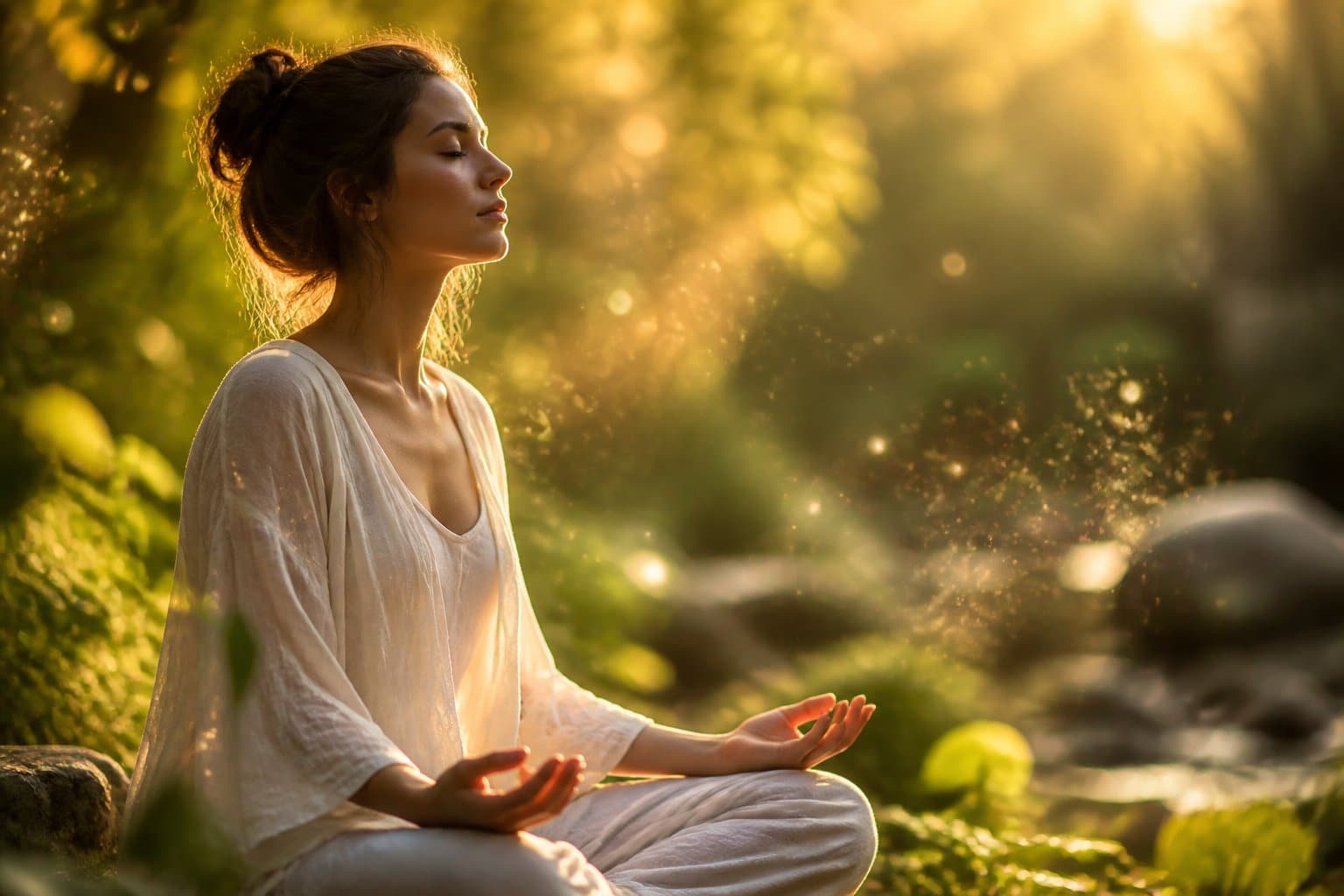Pessoa sentada calmamente em um ambiente natural, com olhos fechados e luz suave ao redor, transmitindo reflexão espiritual.