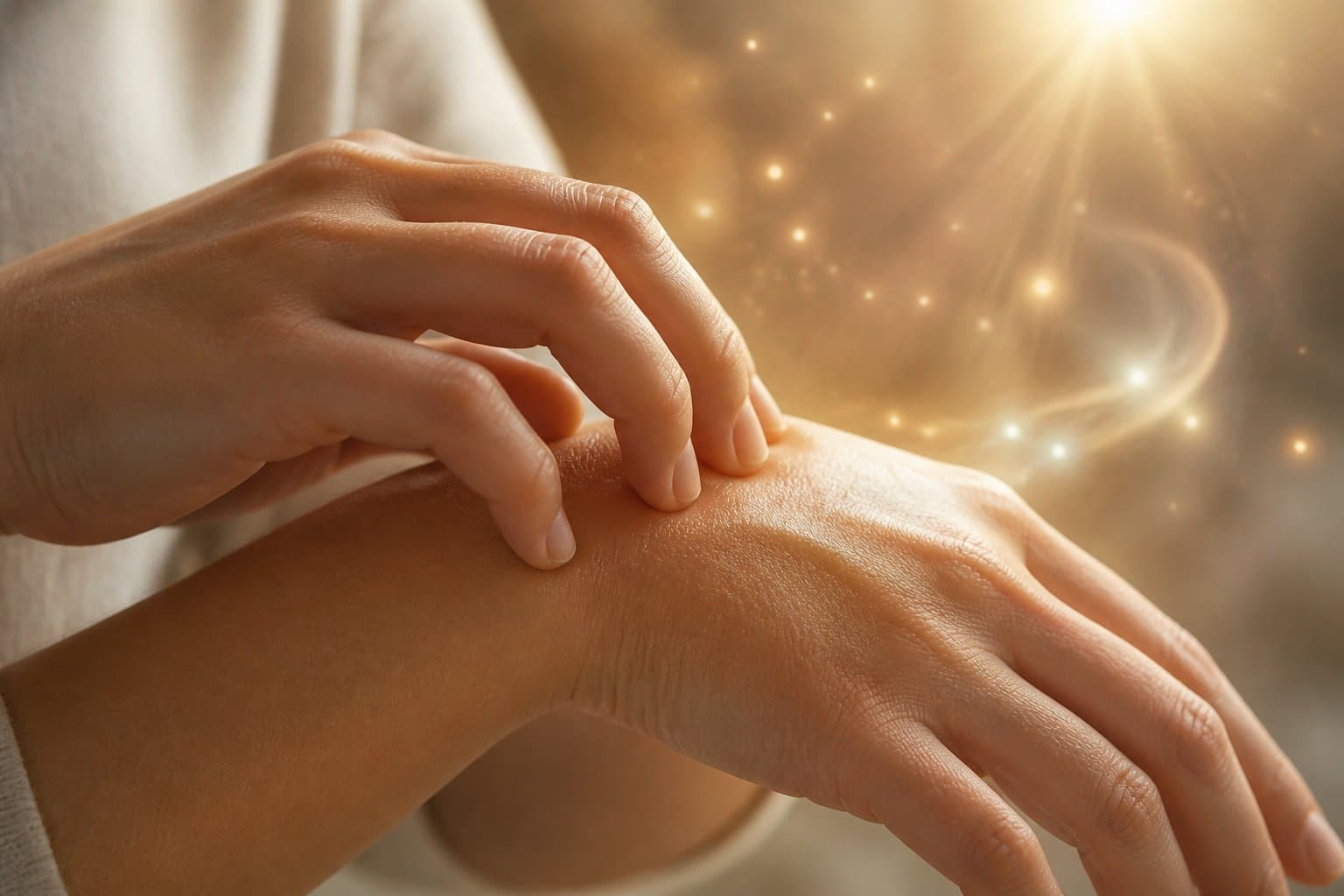 Mãos humanas próximas, uma coçando a outra, com luz suave e elementos sutis que sugerem um contexto espiritual.