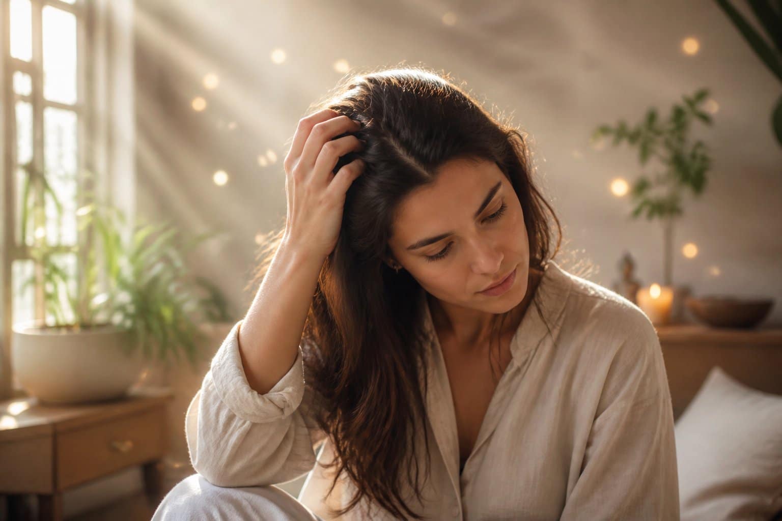 Pessoa jovem sentada pensativa em um ambiente tranquilo, tocando o cabelo, com luz suave e elementos sutis que sugerem reflexão espiritual.