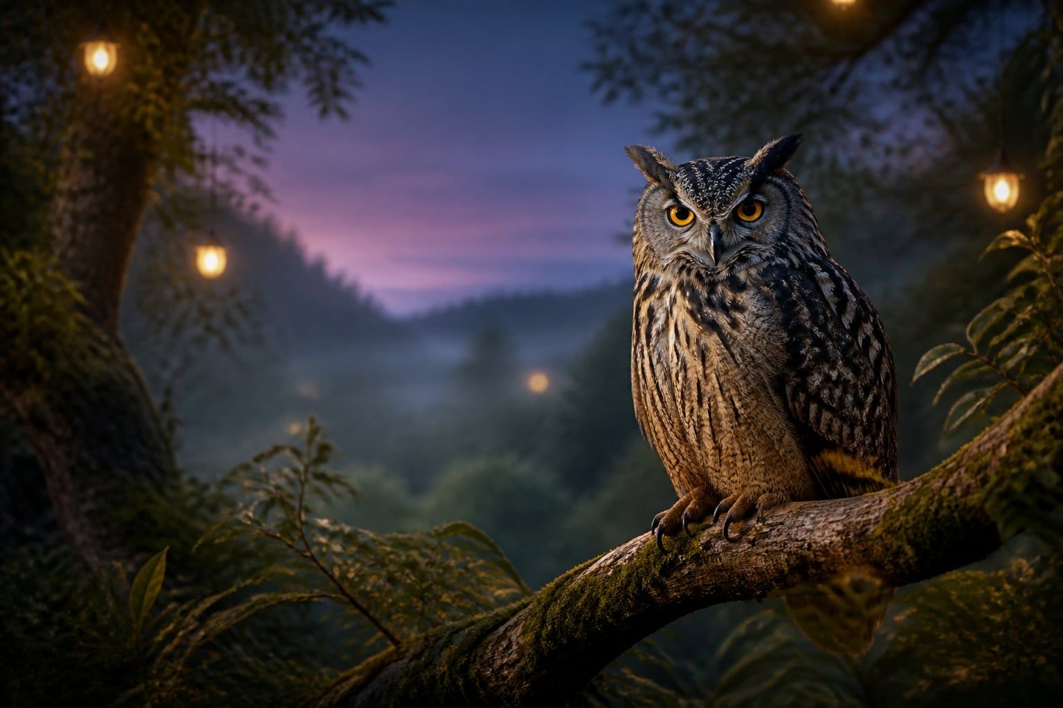 Uma coruja sentada em um galho de árvore em uma floresta ao entardecer, com olhos penetrantes e ambiente tranquilo.