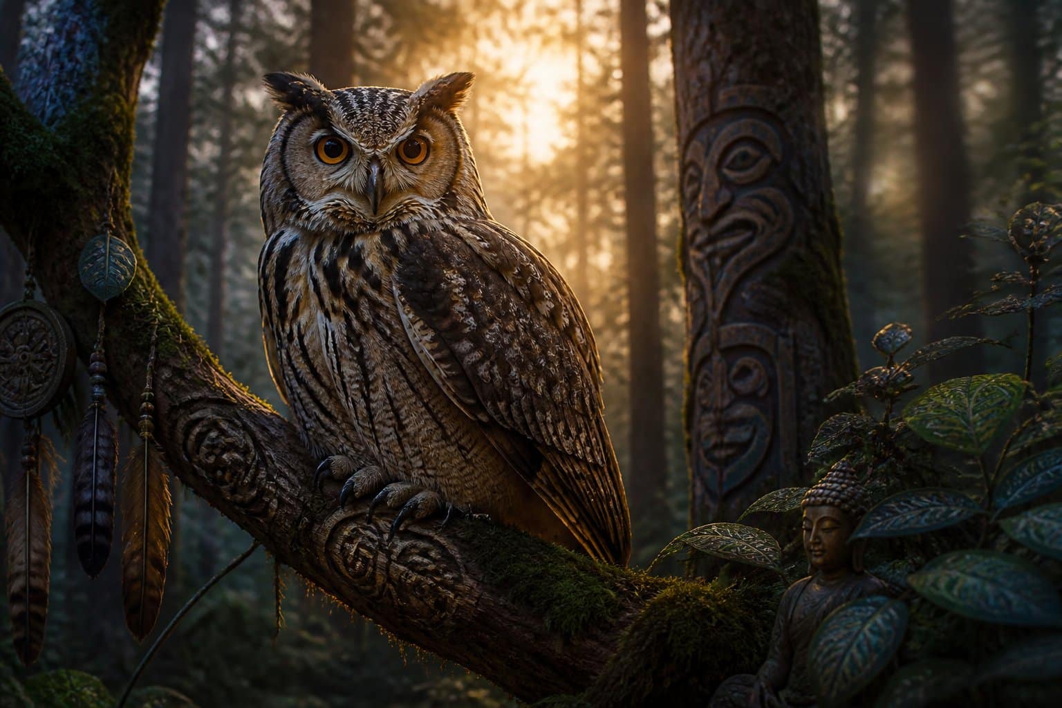 Uma coruja majestosa pousada em um galho de árvore ao entardecer, cercada por uma floresta suave e mística.
