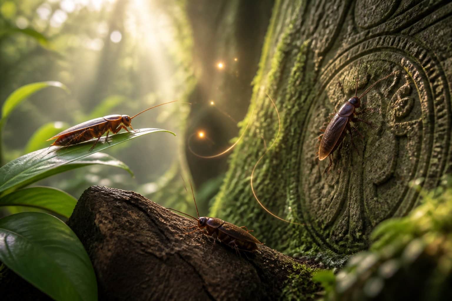 Cena natural com várias baratas discretamente posicionadas em folhas e cascas de árvore, com luz suave filtrando pelas árvores, transmitindo uma atmosfera tranquila e espiritual.