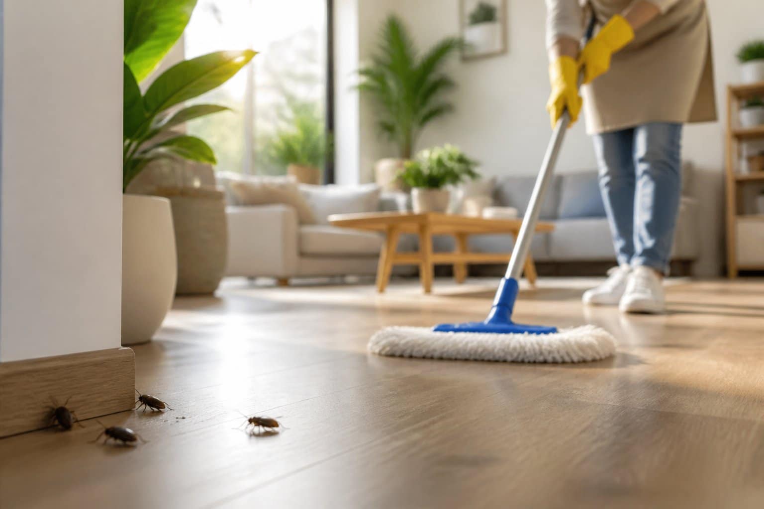 Sala de estar moderna com luz natural, algumas baratas no chão e uma pessoa limpando com um esfregão, transmitindo limpeza e renovação no lar.