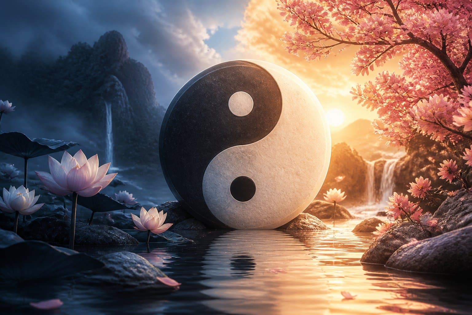 Símbolo de Yin e Yang integrado em um cenário natural com flores de lótus, flores de cerejeira e água corrente, representando equilíbrio espiritual.