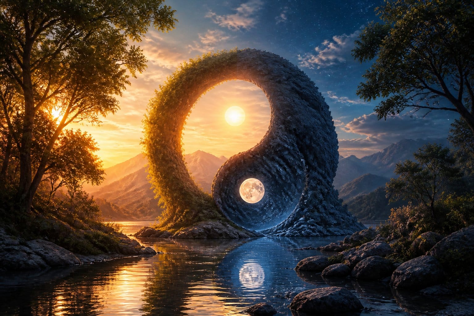 Símbolo yin yang integrado em uma paisagem natural serena com elementos que representam equilíbrio e dualidade, como água, pedras, luz e sombra.