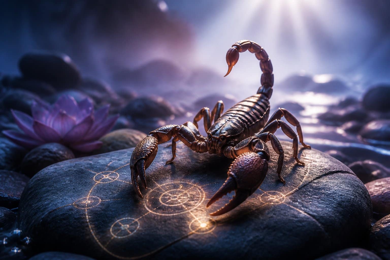 Escorpião em uma pedra escura com símbolos espirituais brilhando ao redor, em um cenário nebuloso e iluminado suavemente.
