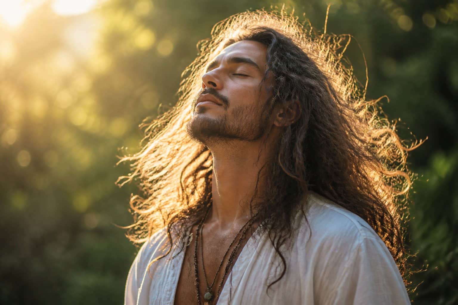 Pessoa com cabelo volumoso e bagunçado em ambiente natural, com expressão tranquila e olhar sereno, transmitindo sensação de liberdade e conexão espiritual.