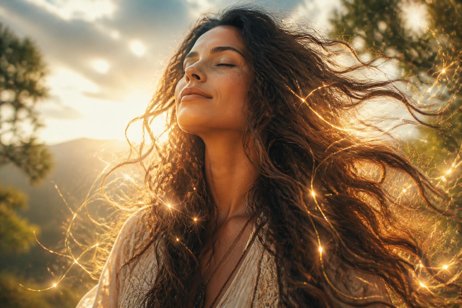 Pessoa com cabelo volumoso e desarrumado em um ambiente natural, transmitindo conexão espiritual e energia.