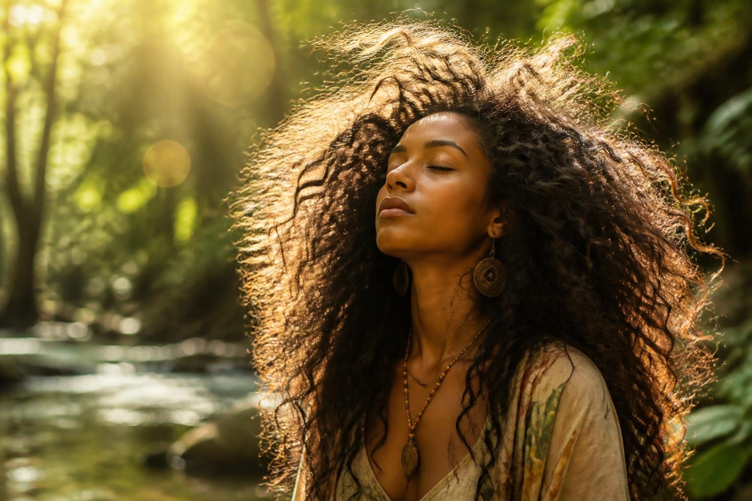 Pessoa com cabelo volumoso e ondulado ao ar livre, em um ambiente natural tranquilo, transmitindo uma conexão espiritual profunda.