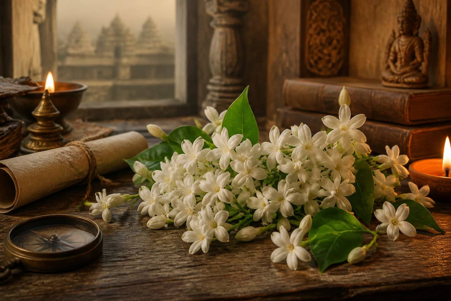 Flores de jasmim branco dispostas sobre uma mesa de madeira antiga com velas acesas e pergaminhos ao redor, transmitindo uma atmosfera de espiritualidade e história.