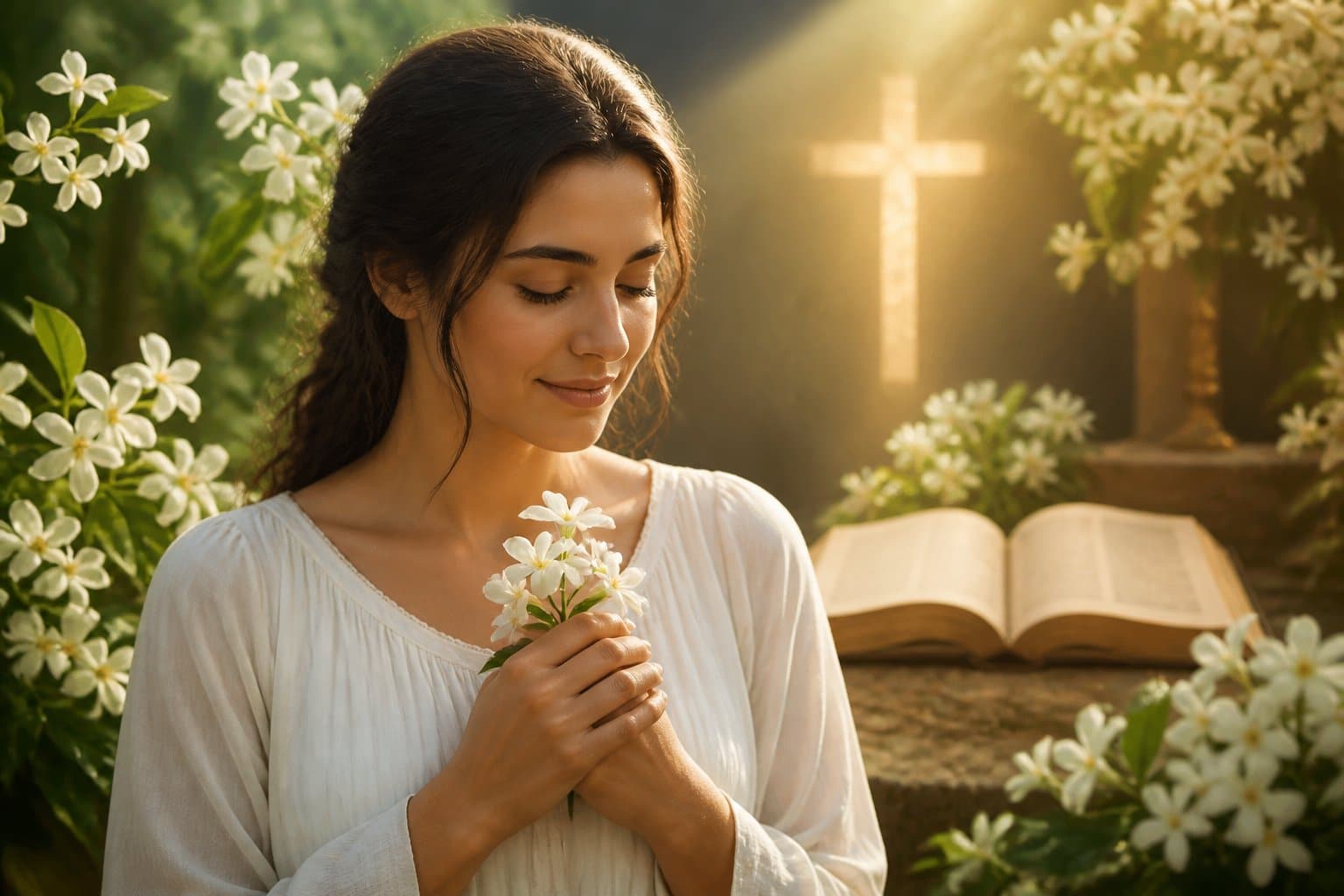 Mulher jovem segurando uma flor de jasmim em um jardim iluminado, com um livro aberto e uma luz em forma de cruz ao fundo.