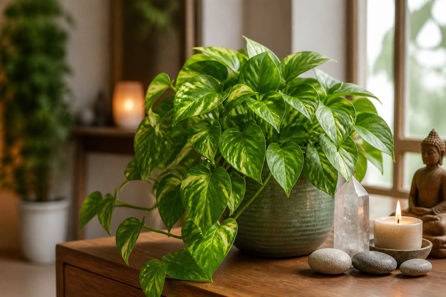 Planta jiboia com folhas verdes e amarelas em vaso sobre mesa de madeira, com vela acesa, cristal e pedras ao fundo, transmitindo tranquilidade e espiritualidade.