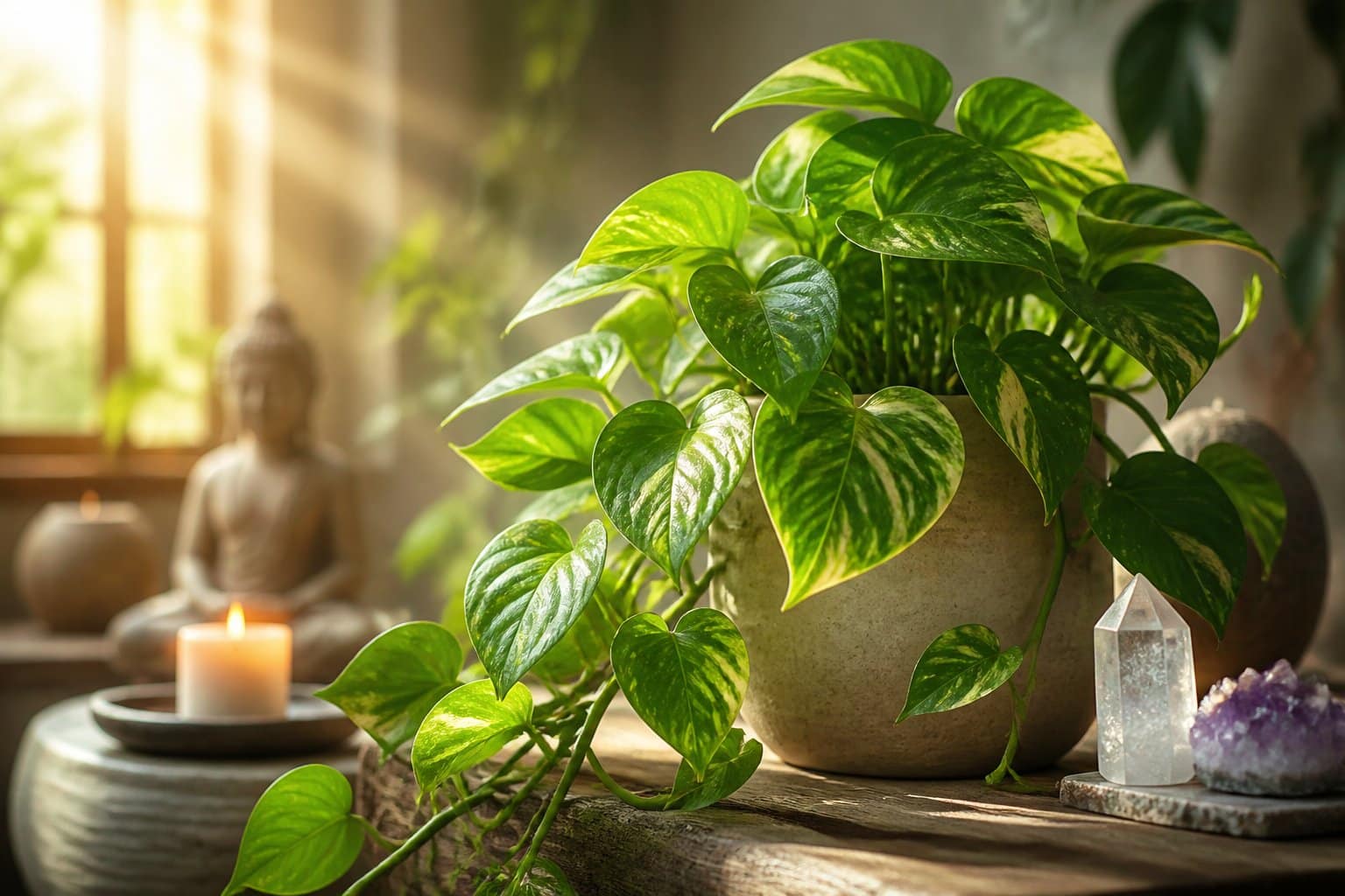 Planta Jiboia com folhas verdes brilhantes em ambiente interno iluminado suavemente, transmitindo sensação de calma e espiritualidade.