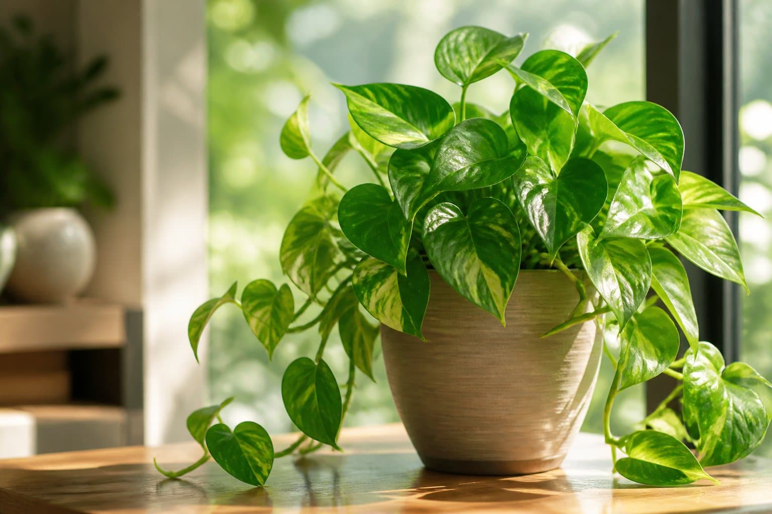 Planta jiboia com folhas verdes em um vaso moderno em ambiente interno iluminado pela luz natural.