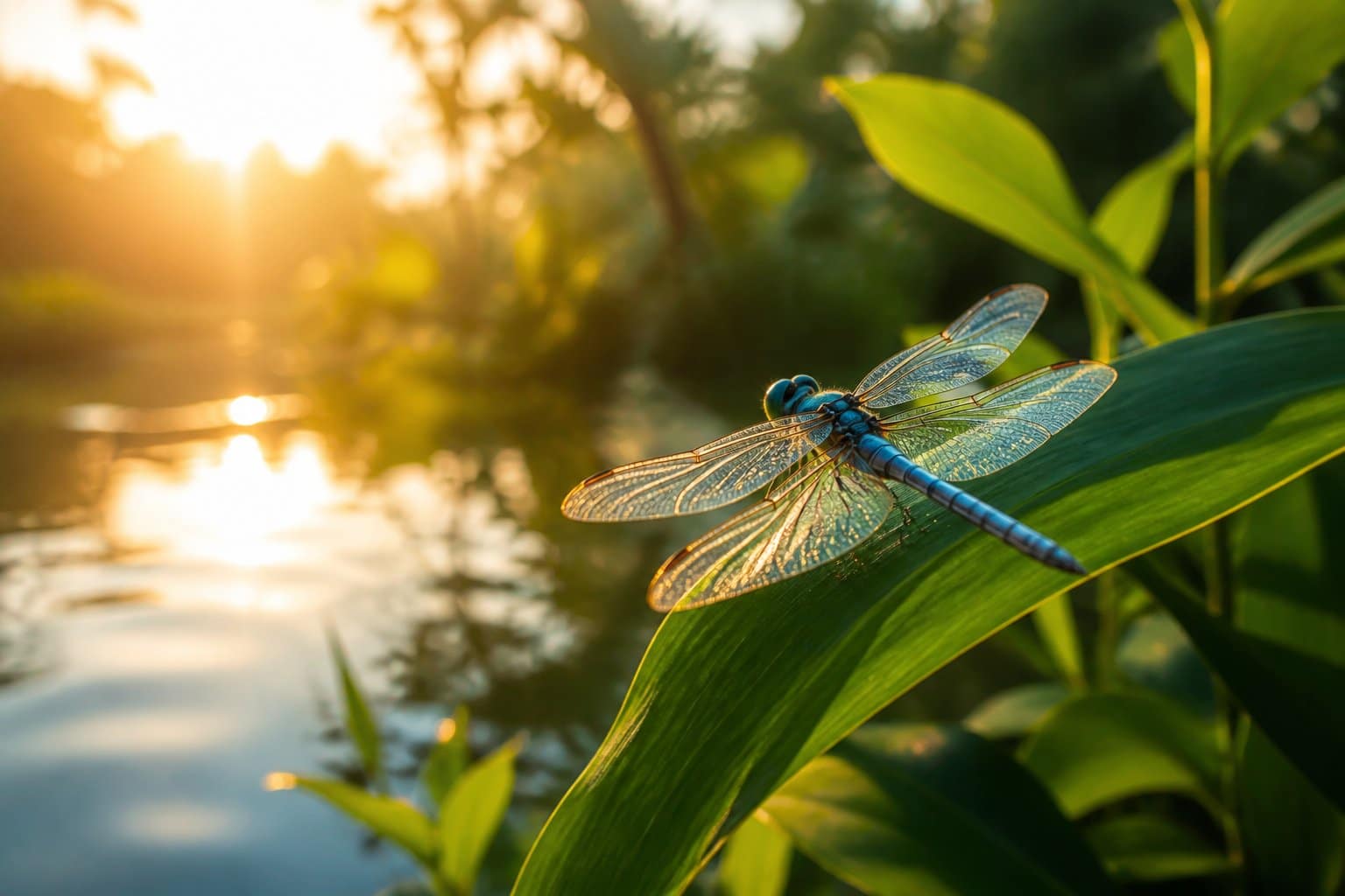 Uma libélula pousada em uma folha verde perto de um corpo de água calmo, com luz suave do sol iluminando suas asas iridescentes.