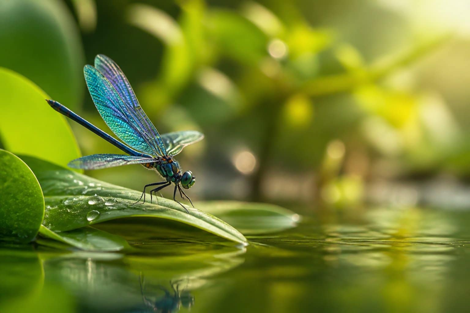 Libélula colorida pousada em uma folha verde perto de água calma com luz natural suave ao redor.