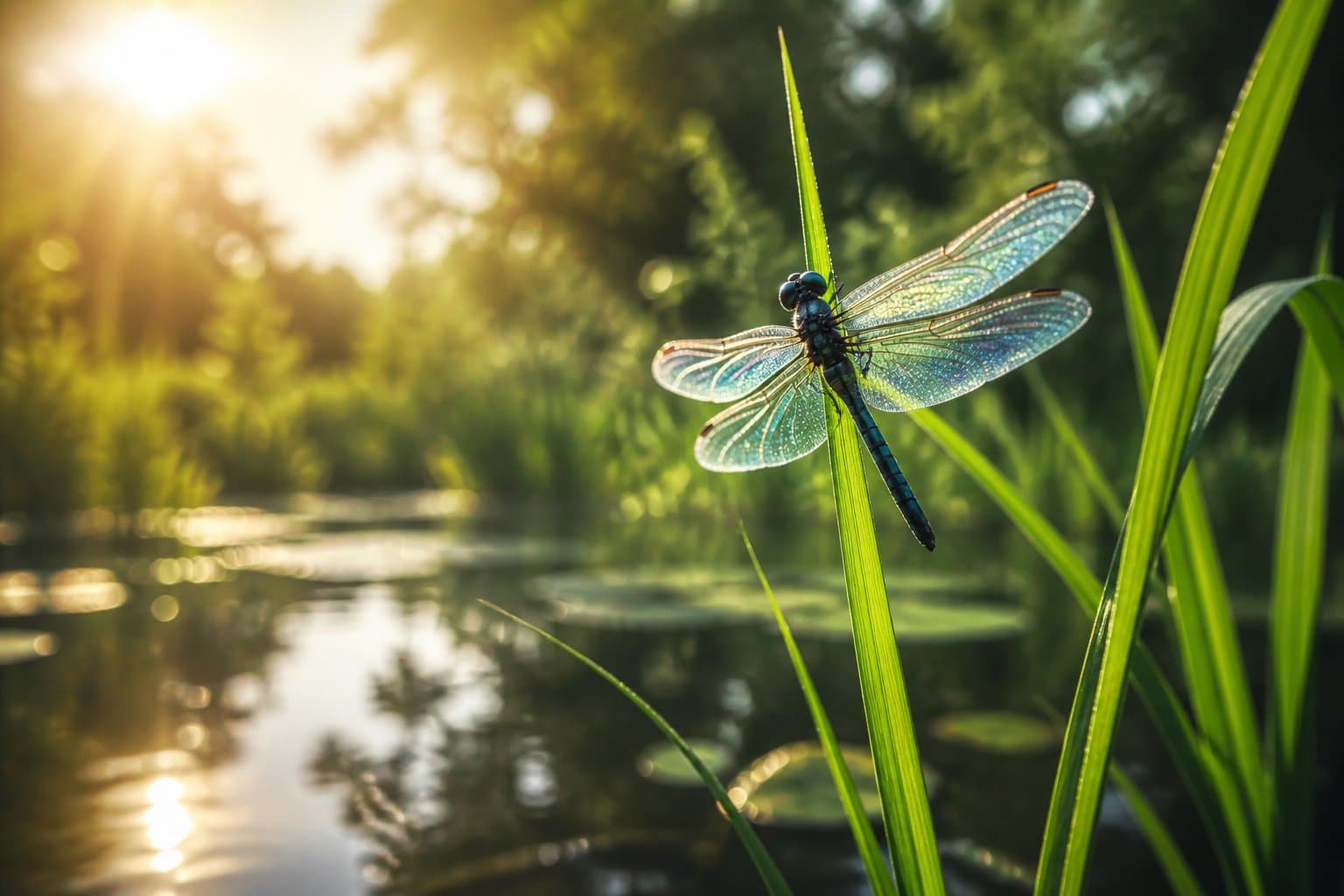 Uma libélula colorida pousada em uma folha verde próxima a um lago tranquilo com luz do sol dourada ao fundo.
