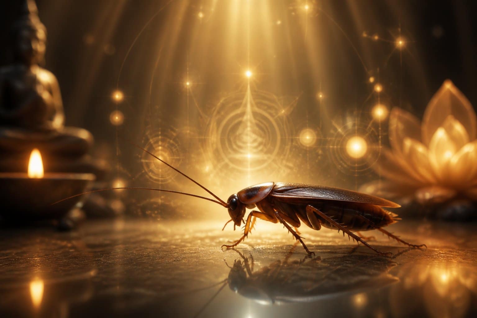 Uma barata detalhada sobre uma superfície reflexiva com luzes suaves e símbolos brilhantes ao redor, em um ambiente calmo e espiritual.