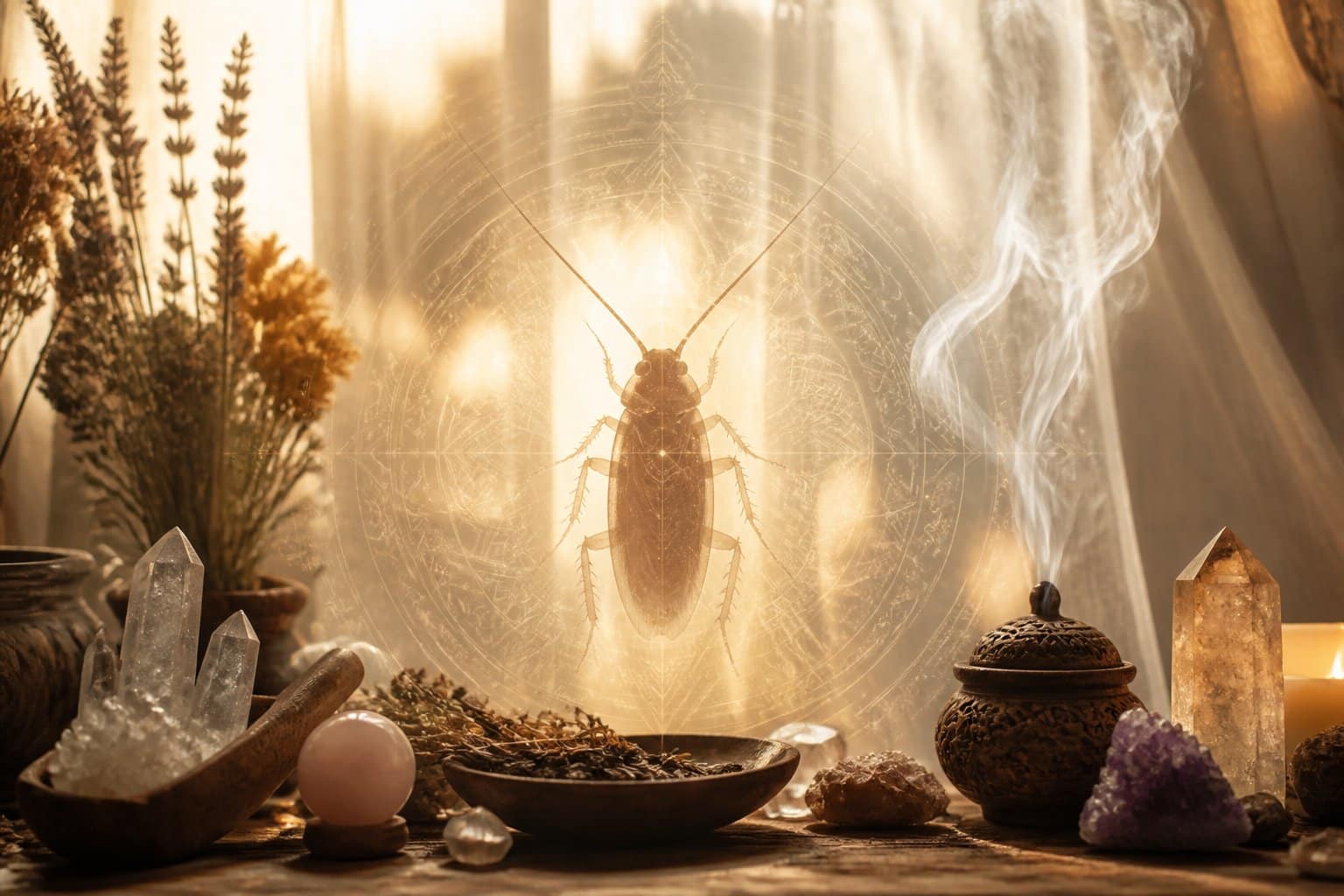Uma cena espiritual com luz dourada suave, mostrando uma silhueta delicada de uma barata integrada a símbolos espirituais como orbes brilhantes, runas e fumaça de incenso.