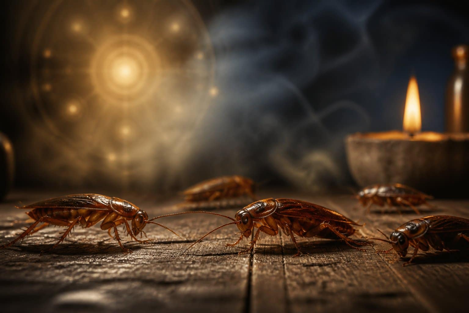 Várias baratas aparecendo sobre uma superfície de madeira com uma luz suave e ambiente misterioso ao fundo.