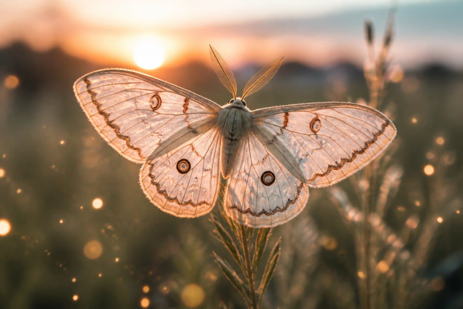 Uma mariposa delicada iluminada suavemente, pousada em um ambiente natural tranquilo com luzes suaves ao redor, simbolizando transformação espiritual.