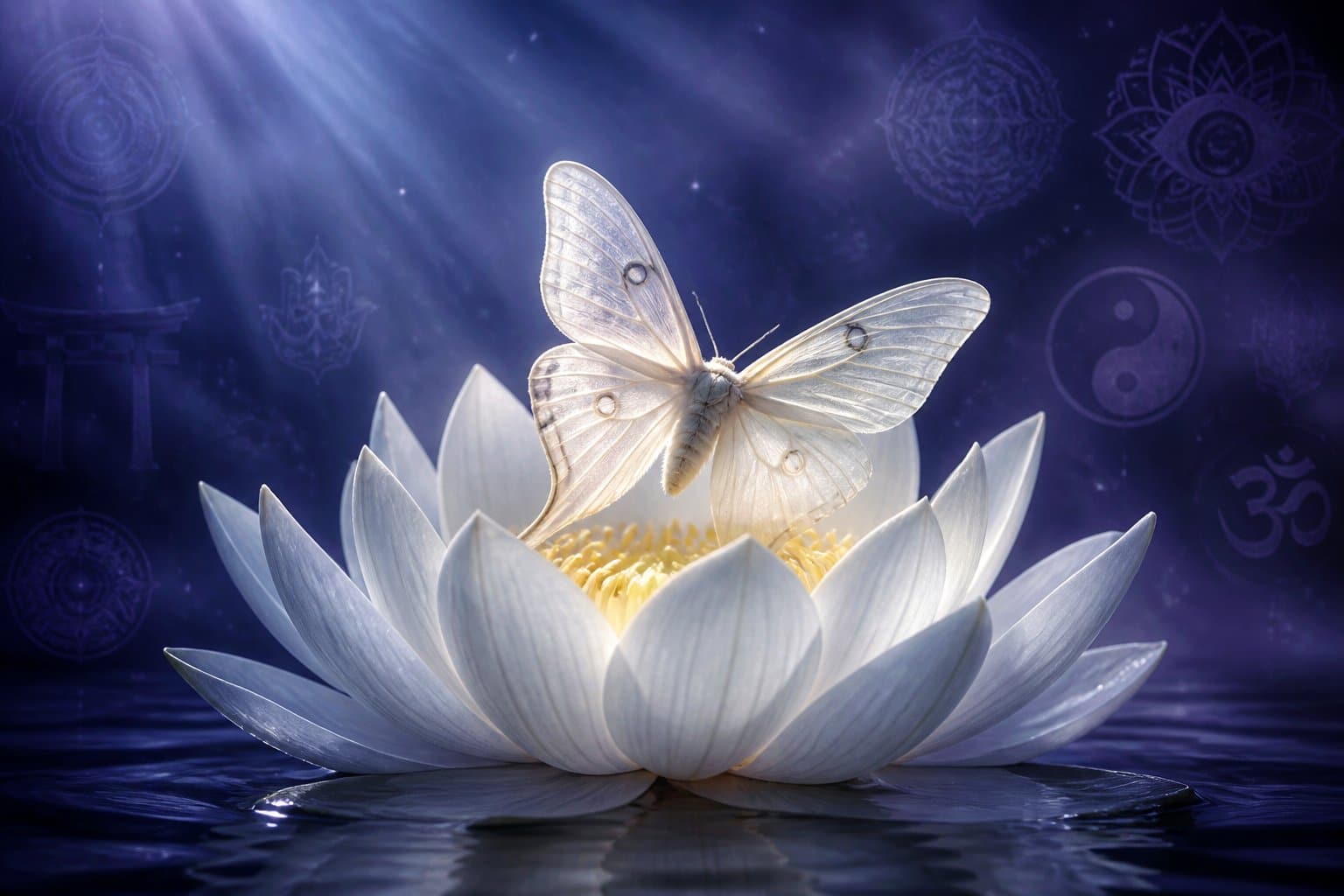 Uma mariposa delicada pousada sobre uma flor de lótus branca, com um fundo escuro e iluminado por luz suave, transmitindo uma sensação de espiritualidade e tranquilidade.