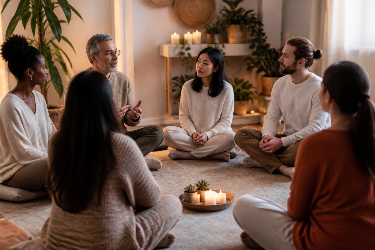 Grupo de pessoas sentadas em círculo em uma sala tranquila, envolvidas em uma conversa espiritual.