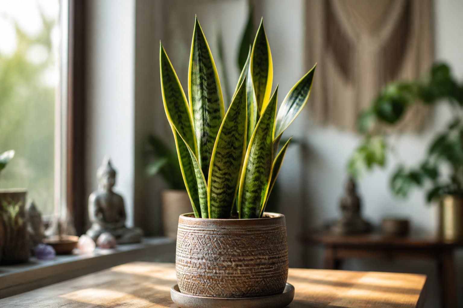 Planta Espada de São Jorge em vaso sobre superfície de madeira com luz natural suave ao fundo.
