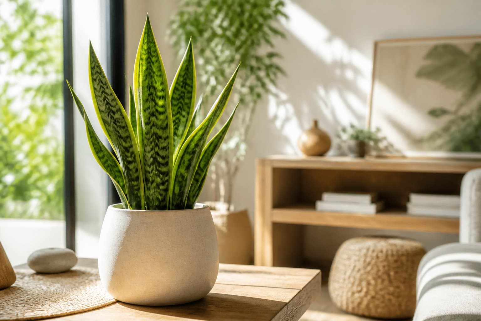 Planta Espada de São Jorge saudável em vaso cerâmico sobre mesa de madeira perto de janela com luz natural, em ambiente interno iluminado e aconchegante.