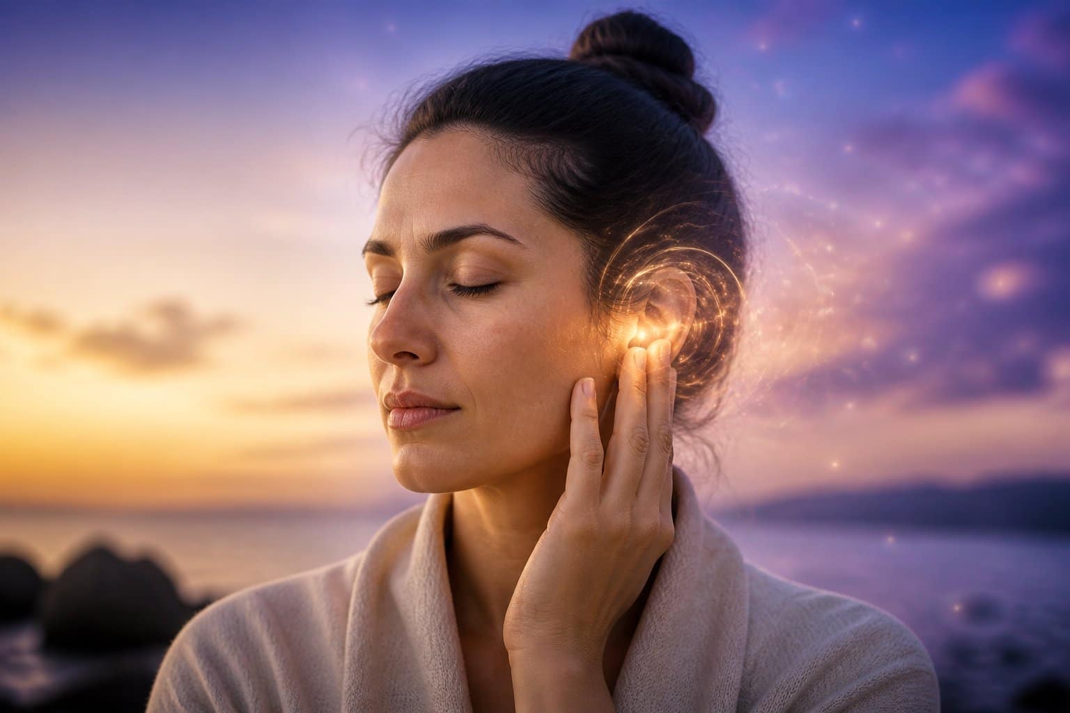 Pessoa tranquila com olhos fechados tocando suavemente o ouvido esquerdo, cercada por luz suave e ambiente natural ao amanhecer.