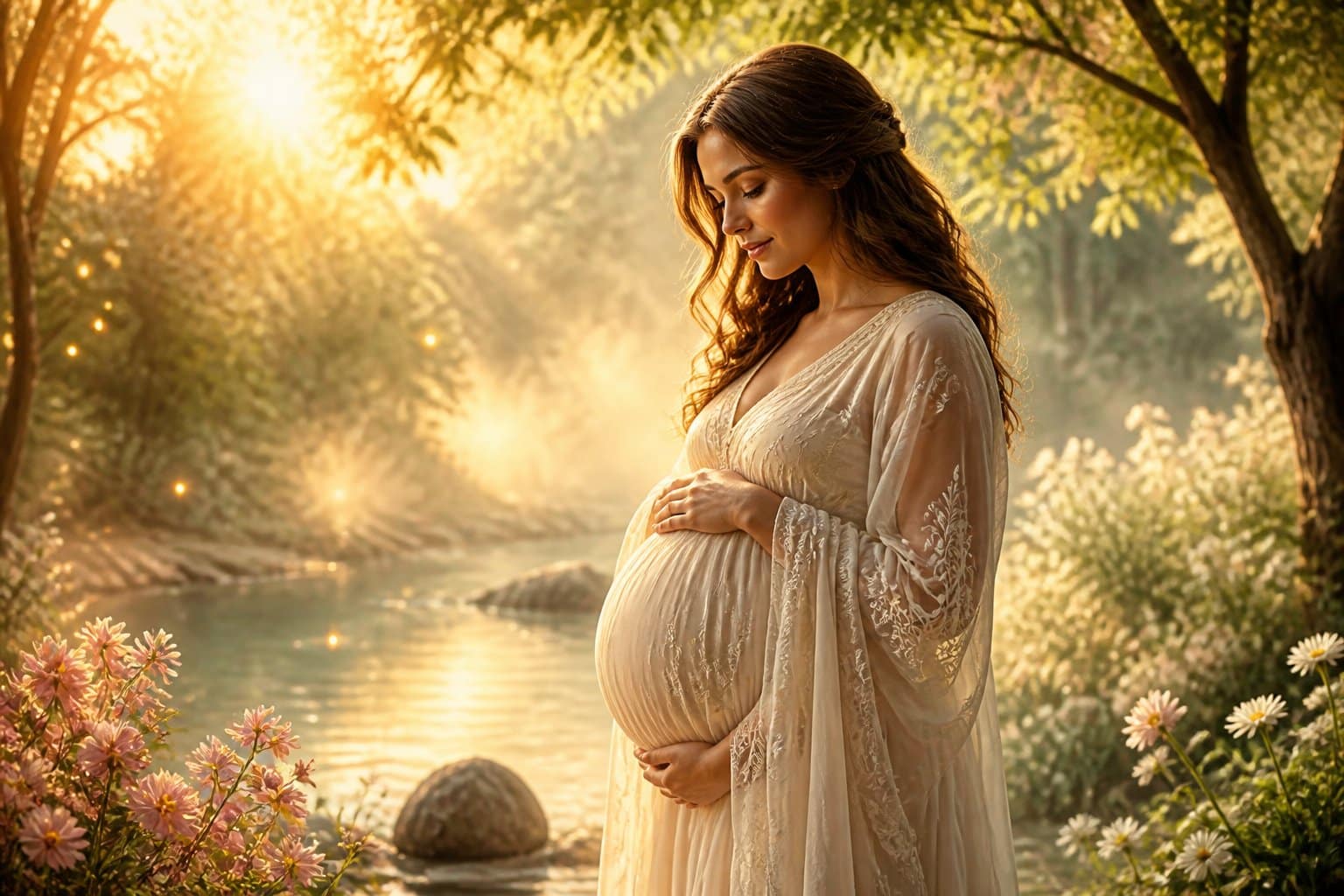 Mulher grávida em um ambiente natural, segurando a barriga com expressão tranquila e luz suave ao redor.