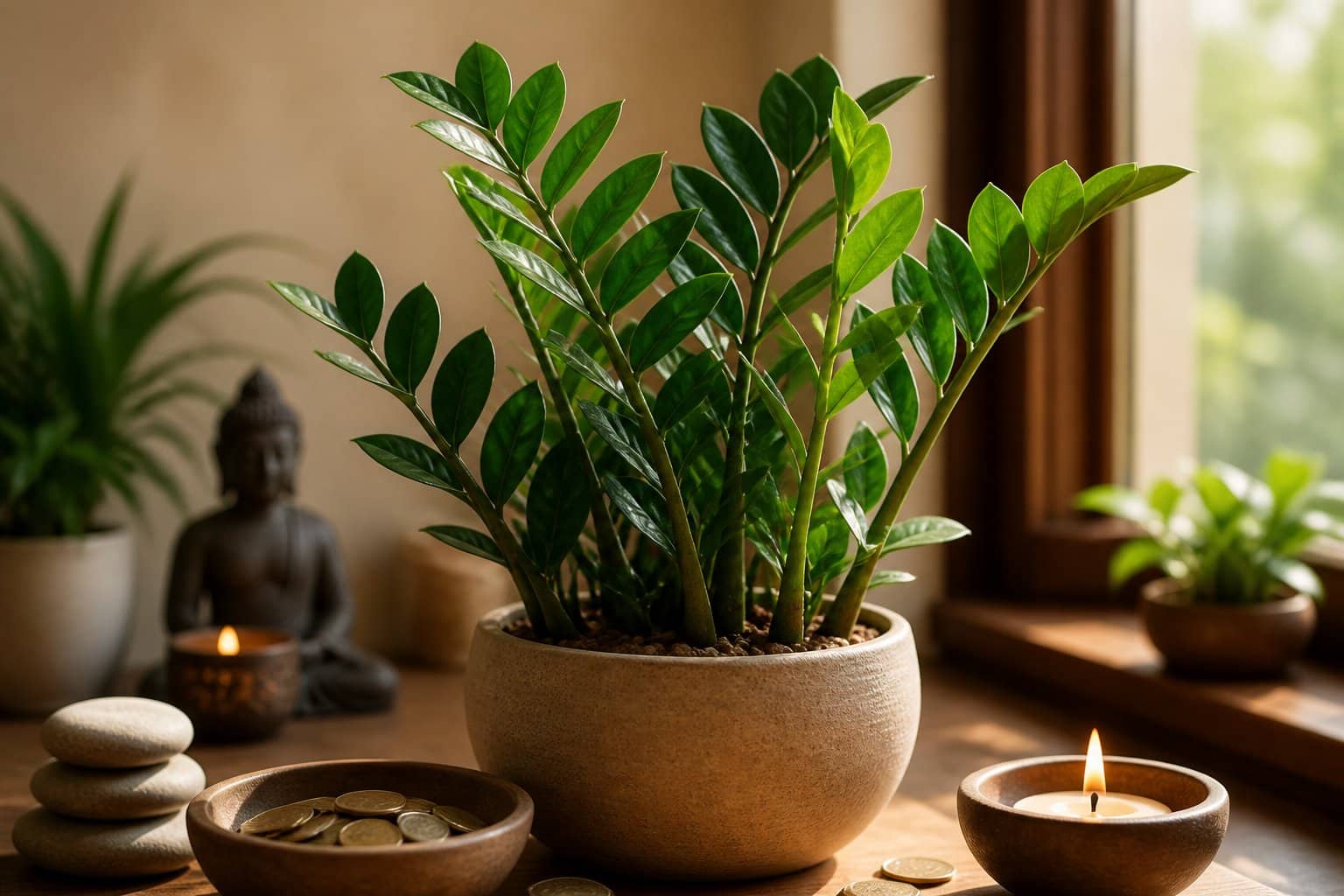 Planta zamioculca saudável em ambiente interno tranquilo com pedras, vela e moedas ao redor, simbolizando energia espiritual e prosperidade.