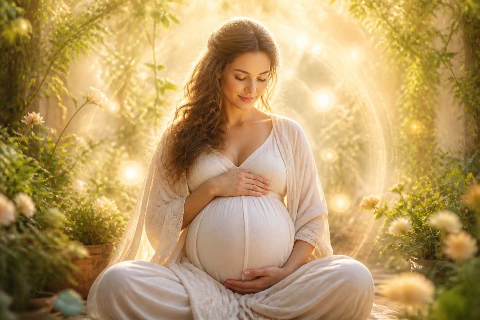 Mulher grávida acariciando a barriga em um ambiente tranquilo com luz suave e elementos espirituais ao redor.