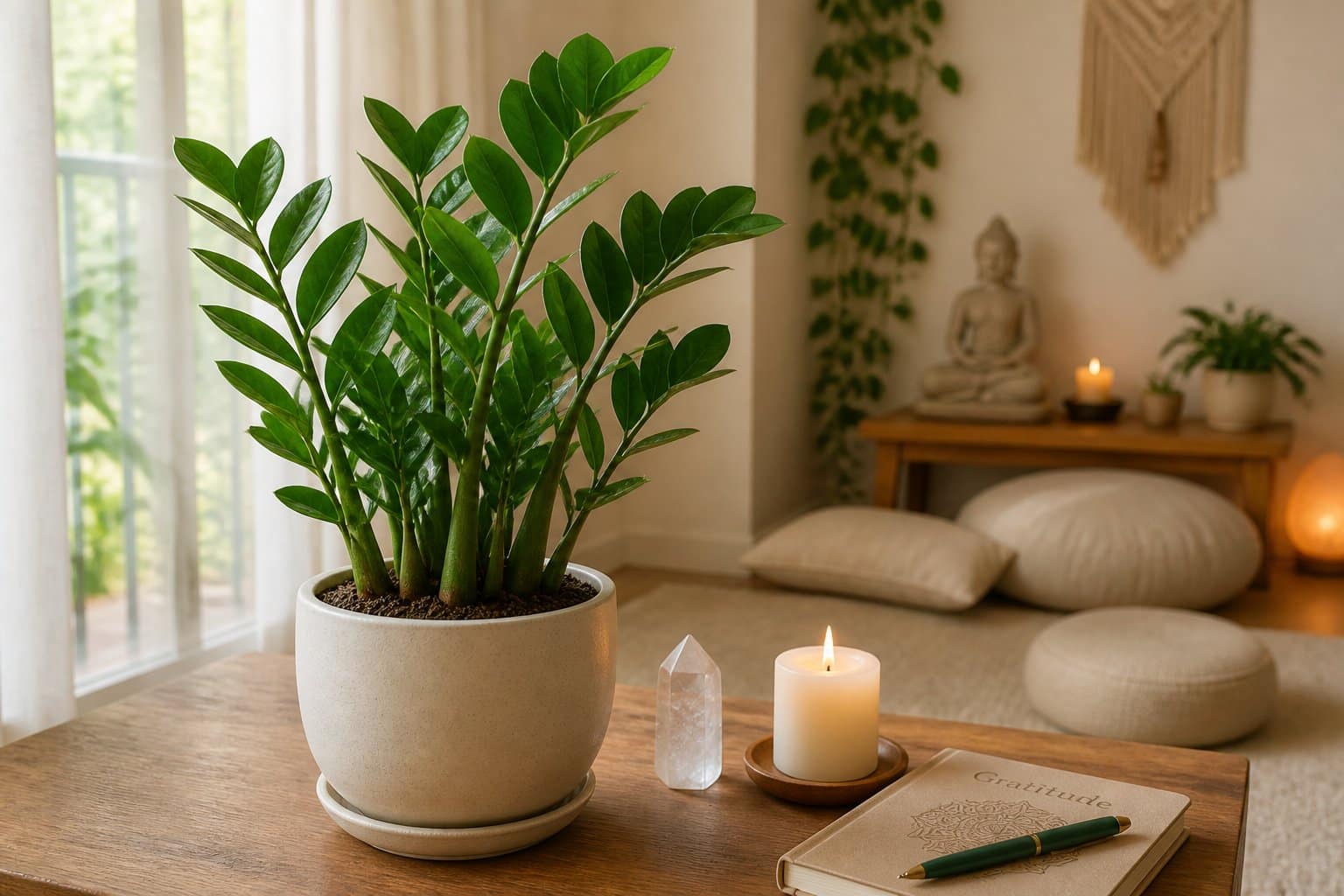Planta zamioculca saudável em uma mesa de madeira perto de uma janela com luz natural, ao lado de uma vela acesa, cristal e espaço para meditação.