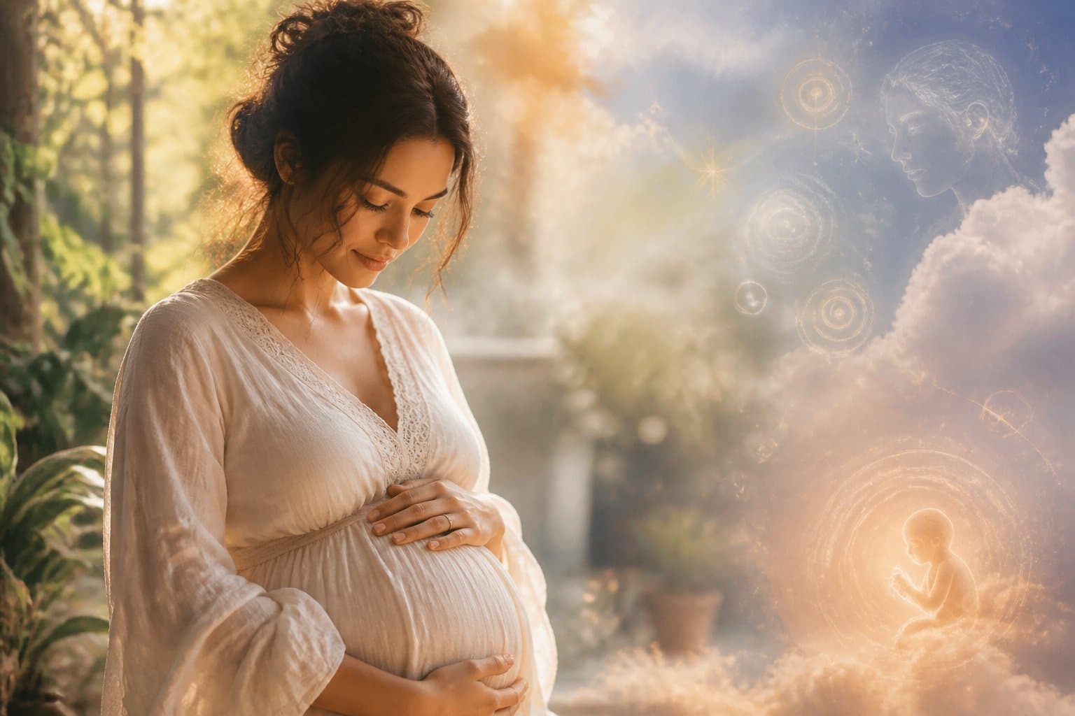 Mulher jovem acariciando a barriga com expressão serena, em um ambiente iluminado suavemente com elementos naturais ao fundo.